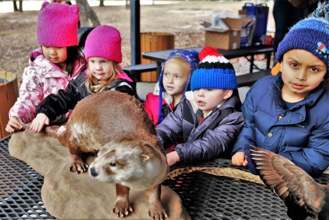 Children participating in the USO Wisconsin’s Hike and Hunt event Nov. 17, 2021, at Fort McCoy, Wis., look at taxidermy mounts that relate to animals of Wisconsin. The items were brought to the event by Natural Resources Specialist Kevin Luepke...