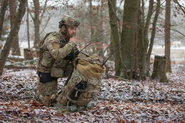 Senior Airman Nolan Hesse, a JTAC (Joint Terminal Attack Controller) with 4th Air Support Operations Group, conducts a radio check as a member of a COLT (Combat Observation Lasing Team) created for Combined Resolve XVI at the Joint Military Readiness Center in Hohenfels, Germany, Dec. 8, 2021. The teams are part of the force-on-force exercise portion of Combined Resolve XVI, which includes approximately 4,600 armed forces service members from Bulgaria, Georgia, Greece, Italy, Lithuania, Poland, Serbia, Slovakia, Slovenia, Ukraine, United Kingdom and the United States. The operations are being conducted by integrated battalions with multinational units operating under a unified command and control element, allowing the U.S., its allies and partners to experience invaluable training alongside each other. 