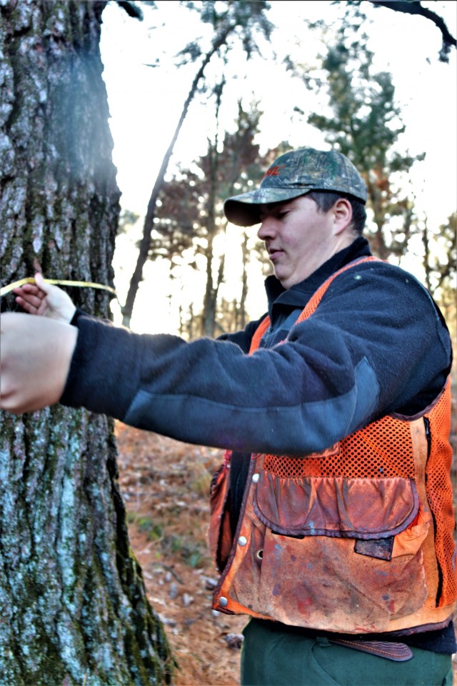 Forestry Technician Tim Parry with the Forestry Office of the Directorate of Public Works Environmental Division Natural Resources Branch takes measurements and more Dec. 2, 2021, while documenting the size of a large white pine tree located along...