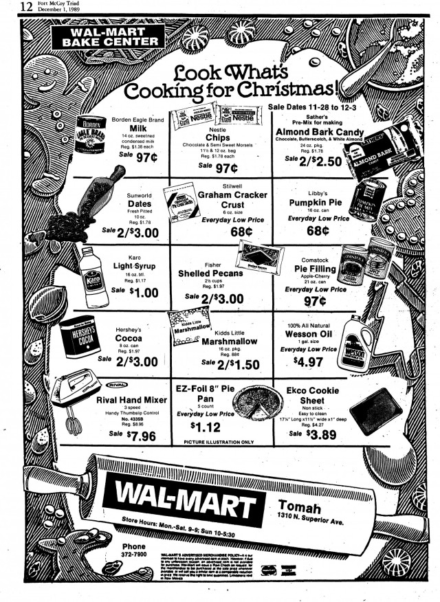 A 1989 ad page for The Triad shows prices for common holiday baking supplies.