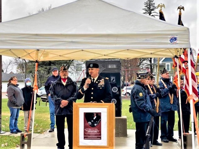 Fort McCoy (Wis.) Garrison Commander Col. Michael Poss provides special comments Nov. 11, 2021, during a Veterans Day ceremony in Sparta, Wis. Poss was one of several Fort McCoy Soldiers and civilian employees to support ceremonies in communities...