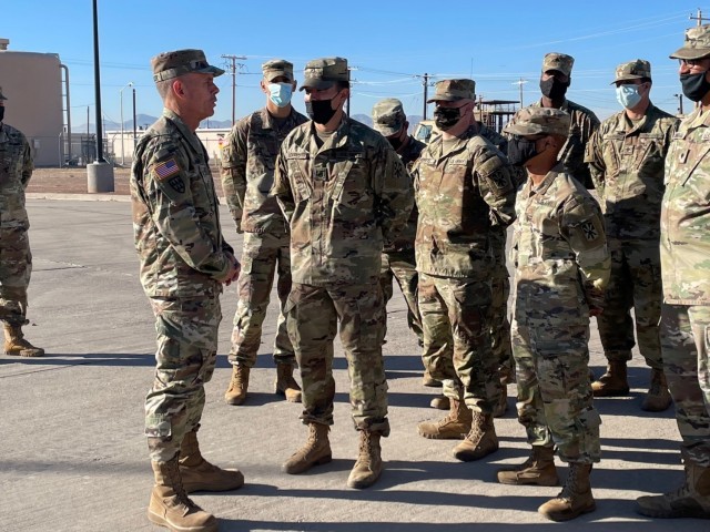 The Army’s senior Air Defense leader and commanding general of U.S. Army Space and Missile Defense Command meets with Soldiers from the 32nd Army Air and Missile Defense Command at Fort Bliss, Texas, Nov. 30. Lt. Gen. Daniel L. Karbler recognized their accomplishments and asked for feedback about their recent deployments to U.S. Central Command.  (U.S. Army photo by Lira Frye)