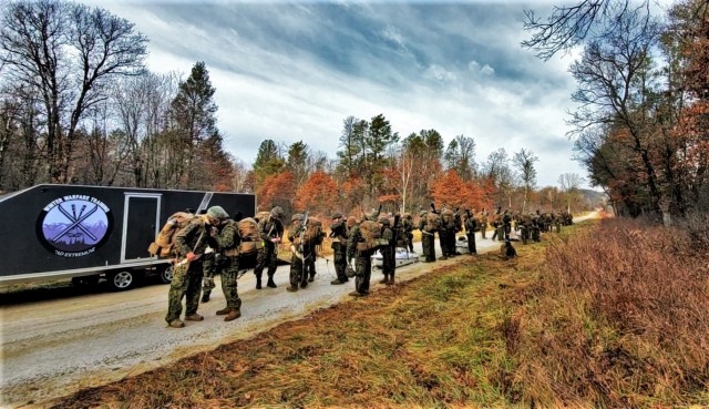 Marines with the 6th Marine Division of Camp Lejeune, N.C., participate in training Dec. 1, 2021, in the Cold-Weather Operations Course (CWOC) Class 22-01 at Fort McCoy, Wis. More than 150 Marines participated in the course that was temporarily...