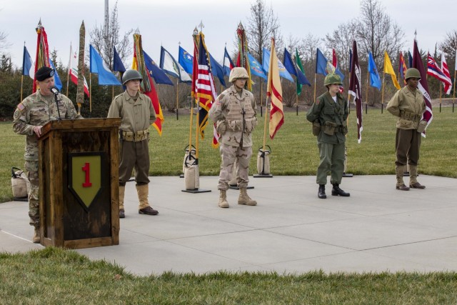 Maj. Gen. D.A. Sims, 1st Infantry Division and Fort Riley commanding general, speaks at the final Big Red One Year of Honor commemoration ceremony at Victory Park, Fort Riley, Kansas, Dec. 10, 2021. During the ceremony, Sims shared the battlefield...