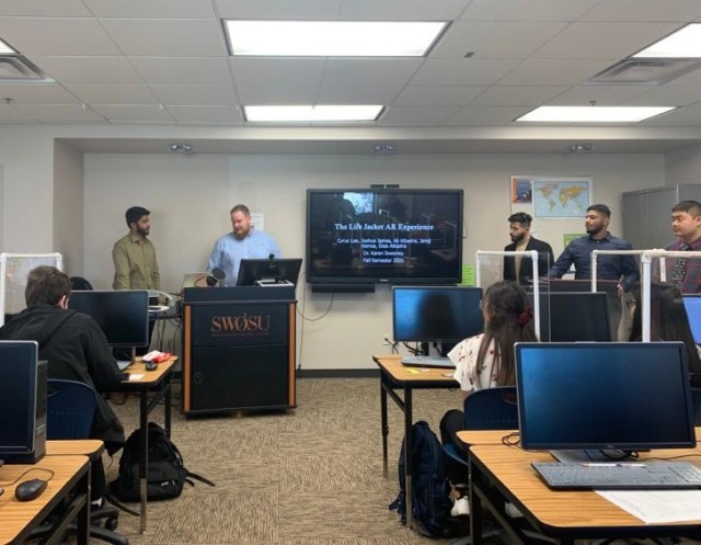 Members of the augmented reality team presented their project to the capstone class and USACE Tulsa innovations members for their fall classwork at Southwestern Oklahoma State University.  Students in the program receive real world work experience...