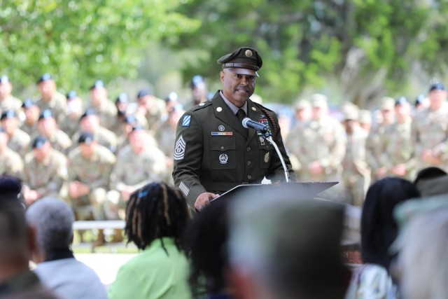 U.S. Army Command Sgt. Maj. Quentin Fenderson, the senior enlisted advisor for 3rd Infantry Division, gives a speech about his friend Sgt. 1st Class Alwyn C. Cashe, at the Cashe Garden dedication as part of Marne Week 2021 on Fort Stewart, Georgia, May 20. 3rd Infantry Division dedicated the ceremonial garden to honor the Dogface Soldier, leader and Silver Star Medal recipient, and to inspire others to emulate his example. Cashe will be posthumously awarded the Medal of Honor and it will be presented to his family during a ceremony scheduled for Dec 16, 2021. (U.S. Army Photo by 3rd Infantry Division Public Affairs)