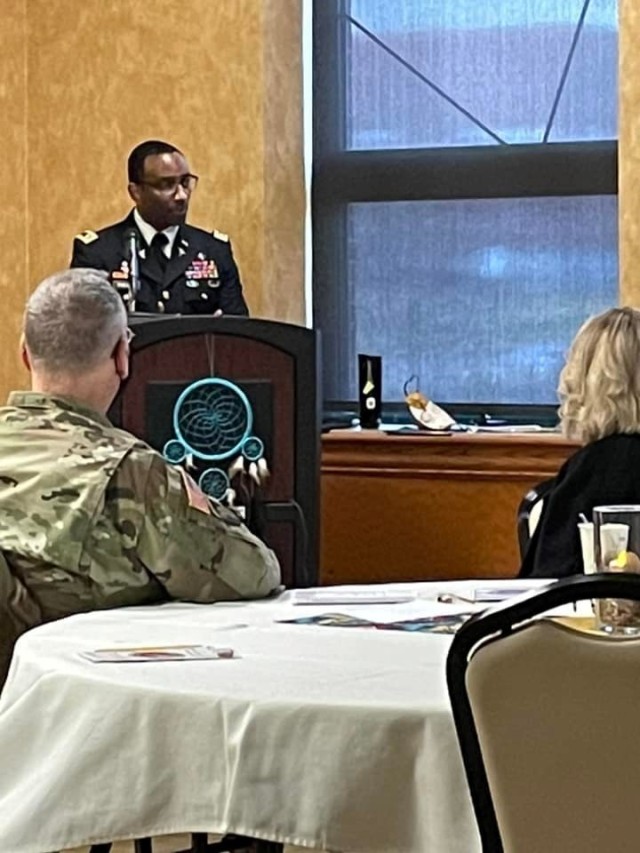 Lt. Col. Bashiri Phillips speaks during a Native American Heritage observance Nov. 29 at Fort Detrick, Maryland.