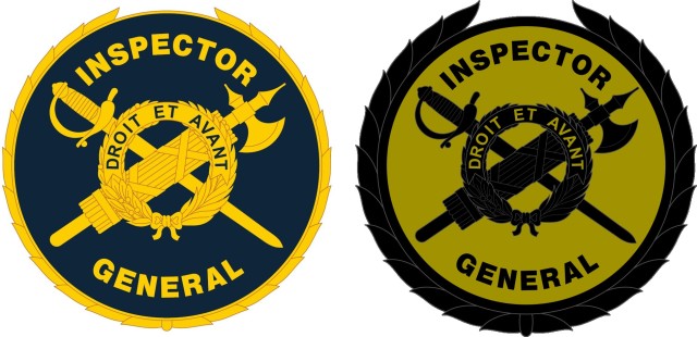 The designs for the new U.S. Army Inspector General Identification Badge (IGIB) are seen in these graphics created Dec. 8, 2021. The blue and gold design at left is the metallic IGIB for the Army Green Service Uniform and Army Service Uniform and the Inspector General (IG) Lapel Pin for Civilian IGs. The design at right is the IGIB subdued patch for the Operational Camouflage Pattern uniform. The IGIB was unveiled to Inspectors General during the virtual IG Fall Forum and 244th IG system birthday Dec. 13, 2021.