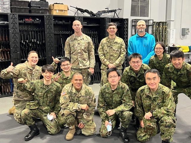 U.S. Army and Japan Ground Self-Defense Force dental personnel at the virtual firing range at Sagamihara Depot Training Support Center. American and Japanese dental teams got together in November for two days of joint training, sharing techniques and experiences, and building teamwork.