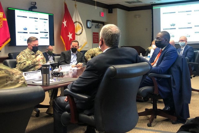 Maj. Gen. Darren Werner (left), commanding general U.S. Army Tank-automotive and Armaments Command, hosts Lt. Governor Garlin Gilchrist (right), Michigan, at the Detroit Arsenal Dec. 6.  Werner discussed a wide range of topics with Gilchrist along...