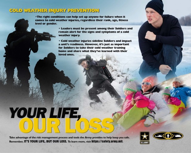 Cold weather injuries and illnesses are a readiness issue and can impact mission effectiveness. Anyone can be at risk for a cold weather injury without proper precautions, even the fit and healthy Soldiers, Army Civilians and contractors. (Illustration courtesy of the U.S. Army Safety Center)