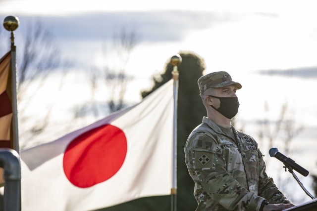 U.S. Army soldier Col. Leo Wyszynski, operations deputy commander, 7th Infantry Division, delivers a speech to both Japanese and American Soldiers during the opening ceremony to Rising Thunder 2021 on Yakima Training Center, Dec. 1, 2021. Rising Thunder is an annual combined arms exercise between the U.S. Army and the Japan Ground Self-Defense Force designed to validate combat readiness and develop interoperability between our militaries. (U.S. Army photo by Spc. Dean Johnson)
