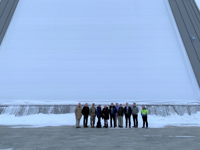 Senior leaders for the U.S. Army Corps of Engineers – Alaska District pause to view the face of the newly constructed long range discrimination radar during a tour of the mission control facility on Dec. 6 at Clear Space Force Station in Alaska....