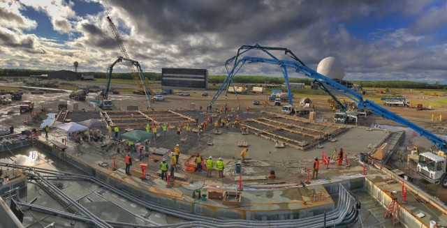 Workers pour the foundation for the mission control facility of the long range discrimination radar on Aug. 28, 2018 at Clear Space Force Station in Alaska. The U.S. Army Corps of Engineers – Alaska District placed 15 million pounds of concrete...