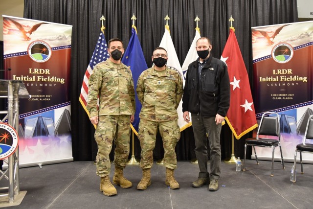 From left: Col. Damon Delarosa, commander of the U.S. Army Corps of Engineers – Alaska District; Lt. Col. William Hassey, commander of Clear Space Force Station; and Randy Bowker, deputy for program management at the Alaska District; attend the...