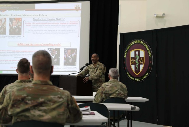 Maj. Gen. Jonathan Woodson, Army Reserve Medical Command commanding general, addresses the attendees at the first of two AR-MEDCOM NCO Readiness Workshops held October 18-21 and November 15-19 at the CW Young Armed Forces Reserve Center in...