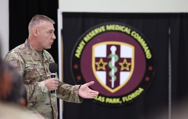 CSM Andrew J. Lombardo, the command sergeant major for the U.S. Army Reserve Command, addresses the attendees at the first of two AR-MEDCOM NCO Readiness Workshops held October 18-21 and November 15-19 at the CW Young Armed Forces Reserve Center...