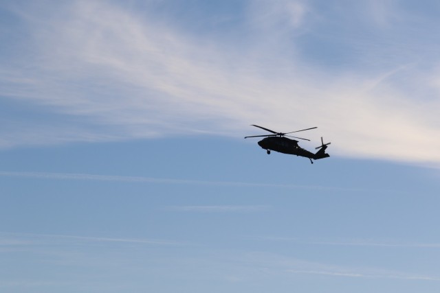 Lithuanian dignitaries receive an aerial tour of Fort Indiantown Gap and the Harrisburg area aboard a UH-60 Black Hawk helicopter, operated by Soldiers with the Pennsylvania National Guard.