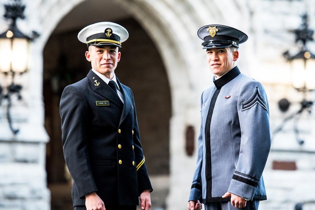 Class of 2023 Midshipman Jacob Lowe and Class of 2023 Cadet Josh Lowe spent this semester together at the U.S. Military Academy as Jacob was an academy exchange student from Navy.      (Photo by Elizabeth Woodruff/USMA PAO)