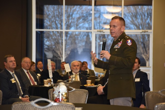Lt. Gen. Daniel L. Karbler, commanding general, U.S. Army Space and Missile Defense Command, speaks at a National Space Club-Huntsville Chapter breakfast Dec. 15, 2021, thanking the community for its support to the warfighter and providing an Army...