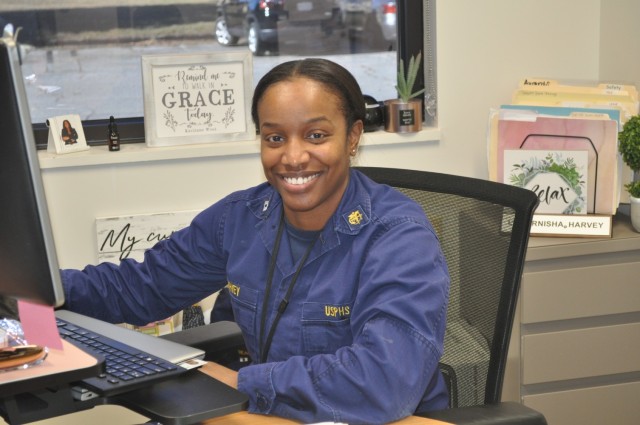 Martin Army Community Hospital Department of Behavioral Health Intensive Outpatient Program Chief, Lt. Karnisha Harvey, pictured in her office after returning from helping provide mental health services to 10,000 Afghan refugees in Operation Allies Welcome.