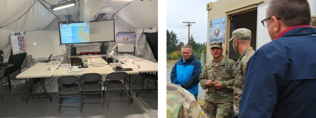 Members of the 404th Army Field Support Brigade set up their newly acquired Air Beam tactical operations tent and associated containers, communications and power generators as they exercise the Tactical Operations Center's functionality, as well...