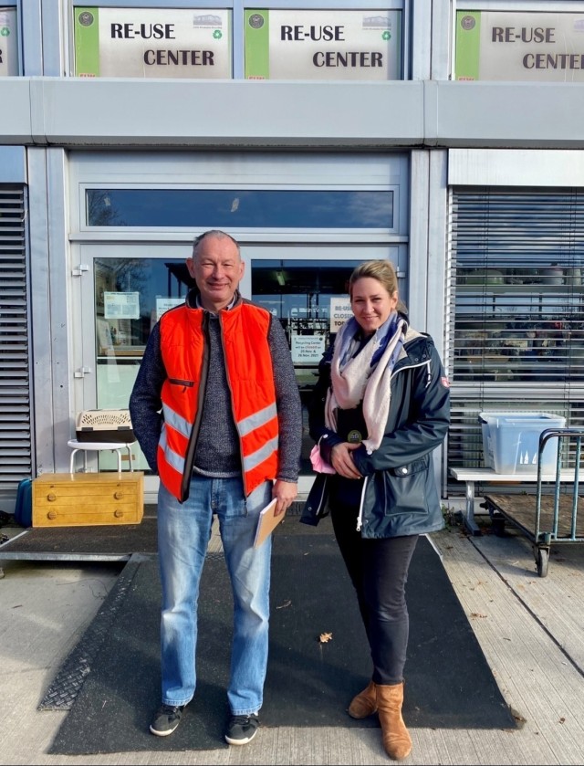 Peter Schneider, Solid Waste Manager for the Directorate of Public Works, Environmental Division and Annegret Lambrecht, Environmental Engineer for the Director of Public works Environmental Division in front of the USAG Wiesbaden Re-Use Center on...