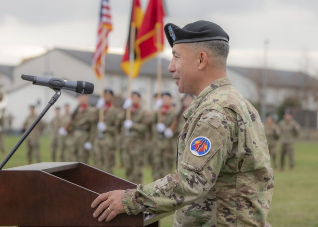 Maj. Gen. Stephen J. Maranian, commanding general, 56th Artillery Command, gives his remarks during the unit’s reactivation ceremony on Clay Kaserne, Wiesbaden, Germany, Nov. 8, 2021. &#34;The reactivation of the 56th Artillery Command will provide U.S. Army Europe and Africa with significant capabilities in multi-domain operations&#34; said Maj. Gen. Stephen J. Maranian.
