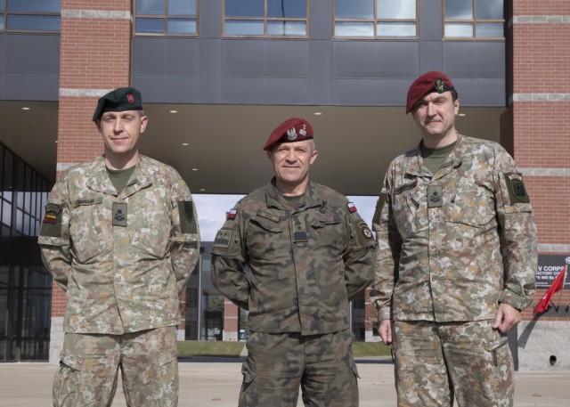 V Corps Deputy Commanding General of Interoperability Maj. Gen. Adam Joks, center, meets with Lithuanian Deputy Chief of Defense Staff Operations Brig. Gen. Arturas Radvilas and Lithuanian Defense, Military, Naval and Air Attaché to U.S. and Canada Brig. Gen. Modestas Petrauskas outside V Corps Headquarters in Fort Knox, Kentucky, Nov. 17. Radvilas and Petrauskas came to V Corps to meet with leadership about V Corps organization, structure and capabilities as well as discuss upcoming exercises and operational planning. 