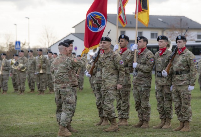 Gen. Christopher Cavoli, commanding General of U.S. Army Europe and Africa, hands the colors to Maj. Gen. Stephen J. Maranian, commanding General of the 56th Artillery Command during the 56th AC reactivation ceremony on Clay Kaserne in Wiesbaden, Germany, Nov. 8, 2021. . &#34;The reactivation of the 56th Artillery Command will provide U.S. Army Europe and Africa with significant capabilities in multi-domain operations&#34; said Maj. Gen. Stephen J. Maranian.

