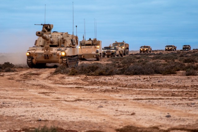A U.S. Army M109A6 Paladin howitzer with the Thomson-based Bravo Battery, 1st Battalion, 214th Field Artillery, 648th Maneuver Enhancement Brigade, Georgia Army National Guard, moves into firing position during African Lion 2021, at the Tan Tan Training Area, Morocco, June 13, 2021. 

African Lion is U.S. Africa Command’s largest, premier, joint, annual exercise hosted by Morocco, Tunisia and Senegal, 7-18 June. More than 7,000 participants from nine nations and NATO train together with a focus on enhancing readiness for U.S. and partner nation forces. AL21 is a multi-domain, multi-component, and multi-national exercise, which employs a full array of mission capabilities with the goal to strengthen interoperability among participants. 