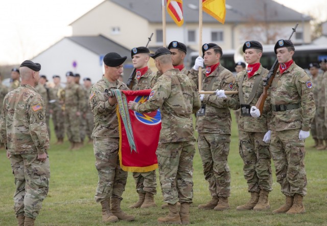 56th Artillery Command’s Command Sgt. Maj. Darrell Walls and Maj. Gen. Stephen J. Maranian, Commanding General, 56th Artillery Command, uncase the unit’s colors during the unit’s reactivation ceremony at Allen Field on Clay Kaserne, Nov. 8, 2021. &#34;The reactivation of the 56th Artillery Command will provide U.S. Army Europe and Africa with significant capabilities in multi-domain operations&#34; said Maj. Gen. Stephen J. Maranian.
