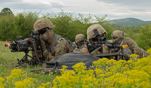 U.S. Soldiers from 2nd Battalion, 124th Infantry Regiment, 53rd Infantry Brigade Combat Team, prepare to ambush a convoy at Manjača Training Area, Bosnia and Herzegovina, May 22, 2021. The 53rd IBCT has been training with the Armed Forces of Bosnia and Herzegovina for Immediate Response 21, a joint effort in support of DEFENDER-Europe 21. DEFENDER-Europe 21 is a prime example of U.S. forces working together closely with NATO allies and partners in peacetime so together they can be prepared for any crisis. 