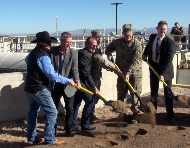 (left) Arthur Rivas, President, KWR Construction, Inc., Jeffrey Jennings, Deputy to the Commanding General, U.S. Army Intelligence Center of Excellence, Chris Higgins, Directorate of Public Works, Command Sgt. Maj. Clark Kuhling, Command Sergeant...