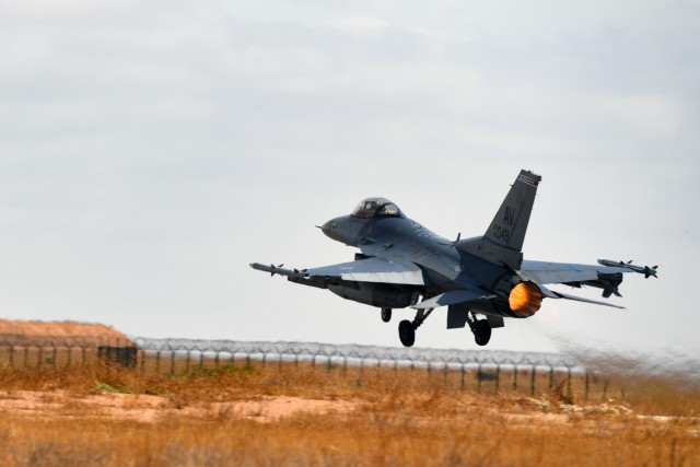 A U.S. Air Force F-16 Fighting Falcon with the 510th Fighter Squadron takes off at Ben Guerir Air Base, Morocco, 17 June 2021 during Exercise African Lion 2021. Throughout African Lion, Moroccan and U.S. Air Force F-16’s have flown a number of missions together.

African Lion is U.S. Africa Command’s largest, premier, joint, annual exercise hosted by Morocco, Tunisia and Senegal, 7-18 June. More than 7,000 participants from nine nations and NATO train together with a focus on enhancing readiness for U.S. and partner nation forces. AL21 is a multi-domain, multi-component, and multi-national exercise, which employs a full array of mission capabilities with the goal to strengthen interoperability among participants. 