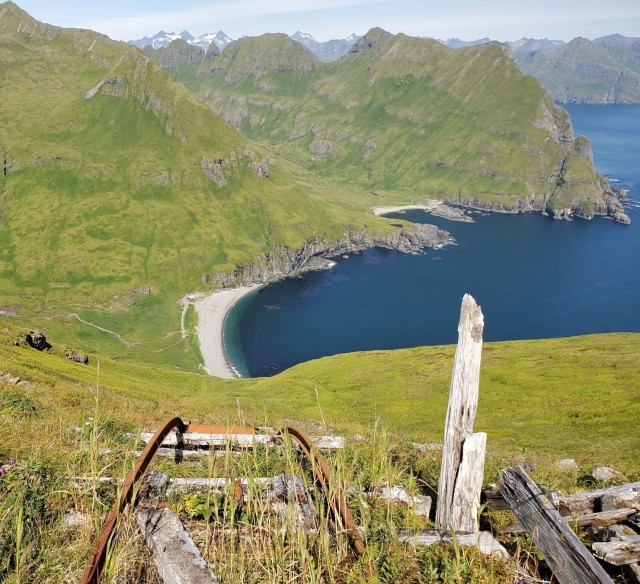 View looking down the tramway from the upper camp to the lower camp at the Cape Prominence Formerly Used Defense Site, an award-winning environmental cleanup project for the U.S. Army Corps of Engineers – Alaska District. The 2,400-foot tram...
