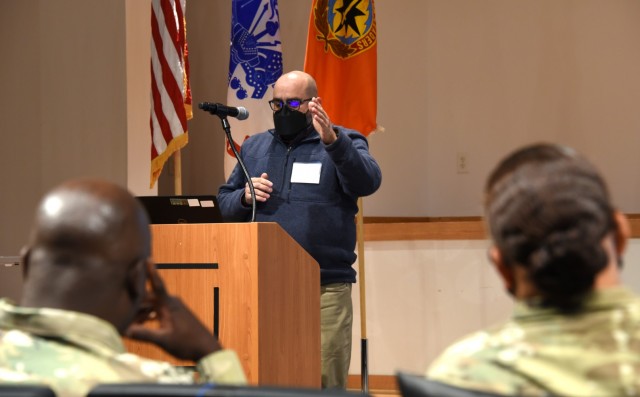 Army Medical Logistics Command logistics management specialist Pete Ramos discusses challenges with current medical logistics systems and business processes during an inaugural Phase Zero Medical Logistics Sustainment Forum Dec. 14-15, 2021.