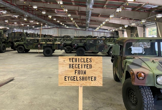 Army Prepositioned Stock-2 vehicles shipped from Army Field Support Battalion Benelux’s APS-2 worksite in Eygelshoven, Netherlands, to Army Field Support Battalion Africa’s APS-2 worksite in Livorno, Italy, are staged at one of the...