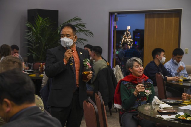 Cho Han-ku, the K6 Korea-America Friendship Association president, gives a toast during the K6 KAFA ROK-U.S. Friendship Night and year-end dinner at the Camp Humphreys Flightline Tap Room Dec. 15, 2021.