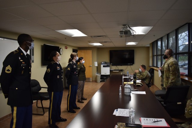 Fort Knox MEDDAC Fiscal Year 2021 Solder & NCO of the Year competitors appear before the board during the three day competition.