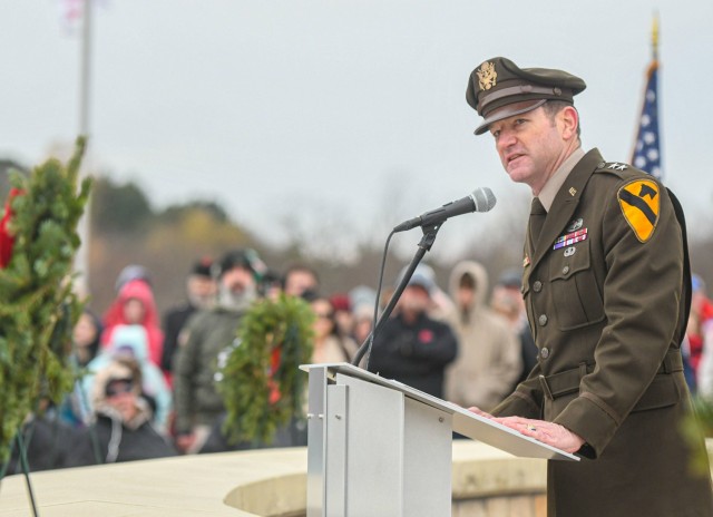 Maj. Gen. John B. Richardson, 1st Cavalry Division commander, gives remarks during a wreath-laying event at the Dallas-Fort Worth Cemetery on Saturday, Dec. 18. Thousands of volunteers including Gold Star family members came out to the DFW cemetery to lay 48,000 wreaths on the gravesites of fallen service members and Veterans to honor their service and sacrifice. (U.S. Army photo by Sgt. Broderick Hennington)