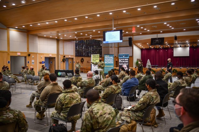 Command Sgt. Maj. Benjamin Lemon, the U.S. Army Garrison Humphreys senior enlisted leader, addresses Soldiers’ concerns during the Camp Humphreys Better Opportunities for Single Soldiers reverse panel at the Four Chaplains Memorial Chapel Dec.14, 2021.
