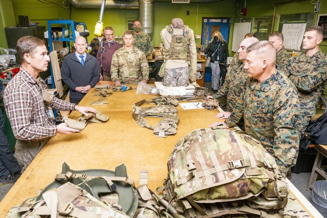 Maj. Gen. Julius &#34;Dale&#34; Alford, commanding general of U.S. Marine Corps Training Command, is briefed on load-bearing equipment and ruck sack prototypes developed in the Load Carriage Lab during a visit by U.S. Marine Corps personnel to the U.S. Army Combat Capabilities Development Command (DEVCOM) Soldier Center on December 8, 2021 in Natick, MA.