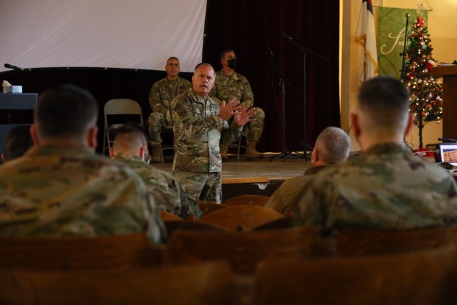 Maj. Gen. Jose J. Reyes addresses soldiers of the 191st Regional Support Group from the Puerto Rico National Guard during a town hall meeting in Forward Operating Site Powidz, Poland on Dec. 14. At the end of the meeting the general recognized a group of soldiers for their performance in the past months. The 191st RSG is conducting operations in 12 FOSs spread around the country, Lithuania and Latvia. The group, along with the 21st Theater Sustainment Command, U.S. Army Europe and Africa, and The U.S. European Command continues to enhance its interoperability with NATO alliance and partners in support of Atlantic Resolve funded by European Deterrence Initiative. (U.S. Army photo by Staff Sgt. Angel D. Martinez-Navedo)
