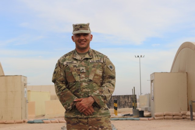 Sgt. Aqeel Ahmed poses for a photo at Camp Buehring, Kuwait.
