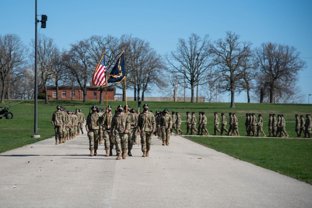 Trainees assigned to Company D, 2nd Battalion, 10th Infantry Regiment, graduate Basic Combat Training in April on Gammon Field. Officials from the Maneuver Support Center of Excellence and Fort Leonard Wood put plans in place in May to allow for family and friends to attend graduations here in person, after COVID-19 mitigation protocols limited many events to virtual only. 