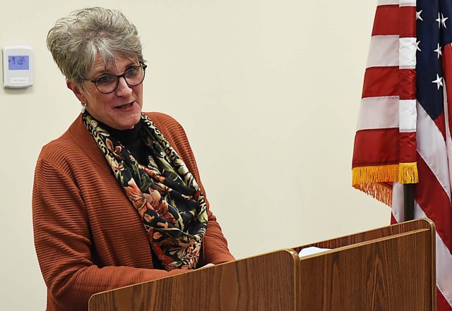Joy Krush, a supervisory human resources specialist, Civilian Human Resources Agency, Midwest Region, Centralized Army Functions Division at Rock Island Arsenal, Illinois, gives remarks after receiving the 2020 William H. Kushnick award in a...