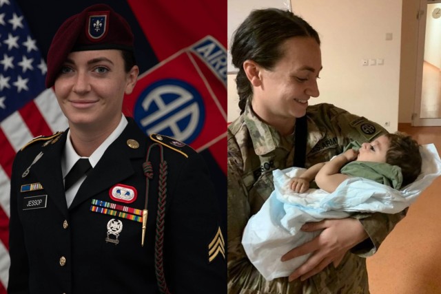 Left: Army Sgt. Breanna J. Jessop. Right: Jessop holds a baby at the Hamid Karzai International Airport chapel during evacuation operations in Afghanistan in August 2021.