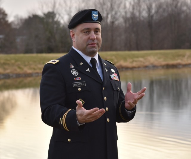 Col. John Nuckols speaks to the crowd following his promotion ceremony at Nallin Pond on December 17. (Photo Credit: Ramin A. Khalili, USAMRDC Public Affairs)