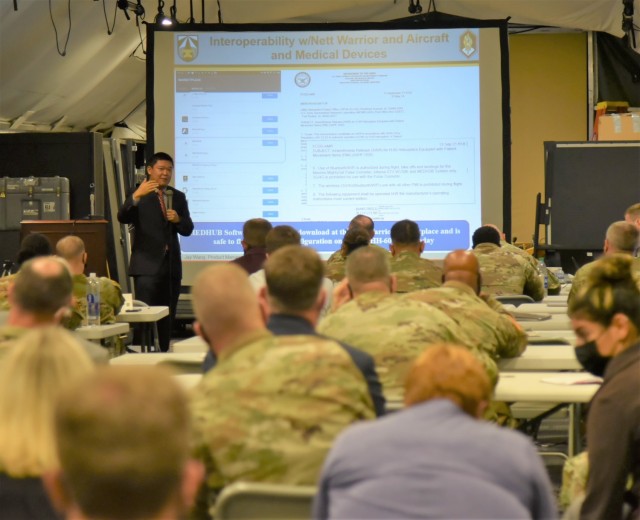 USAMMA’s Jay Wang delivers an overview of the MEDHUB system during the Army Tactical Telemedicine Performance and Operational Impacts Workshop at the Air Force Medical Readiness Agency grounds at Fort Detrick, Maryland, on September 21. (Photo...